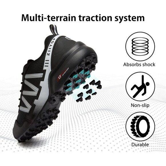 Mens Black White Waterproof Walking Hiking Running Non-Slip All-Terrain Shoes - Picture 4 of 7